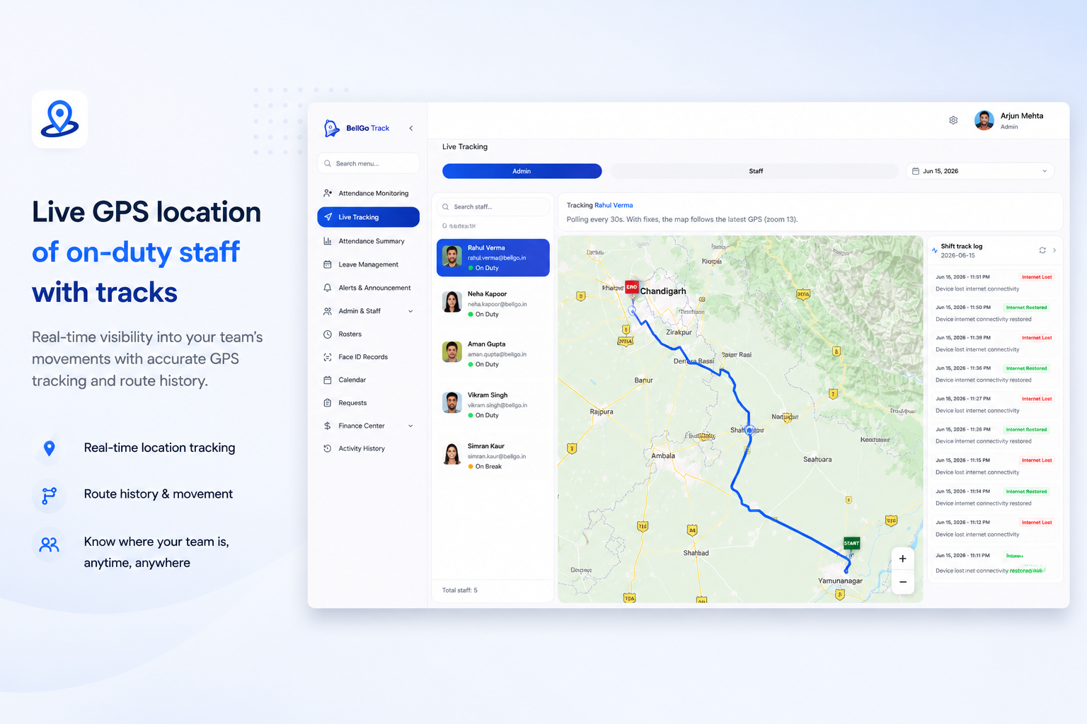 BellGo Track live tracking dashboard with GPS routes